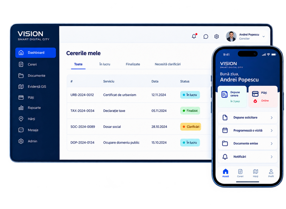 Platforma Vision Smart Digital City pe desktop și mobil