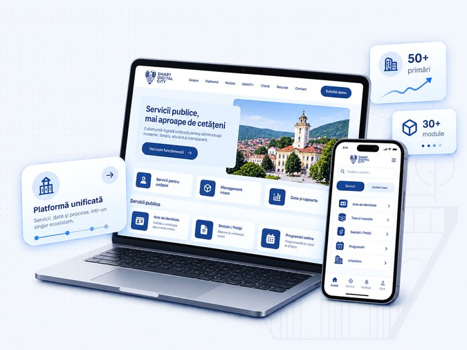 Platforma Smart Digital City pe laptop si telefon, cu portalul de servicii publice